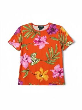 Lauren Ralph Lauren Orange Tropical Floral Short Sleeve Shirt Size Medium